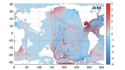 يوضح هذا الرسم البياني حركة ارتفاع سطح البحر لإعصار تسونامي بعد 24 ساعة من الاصطدام.