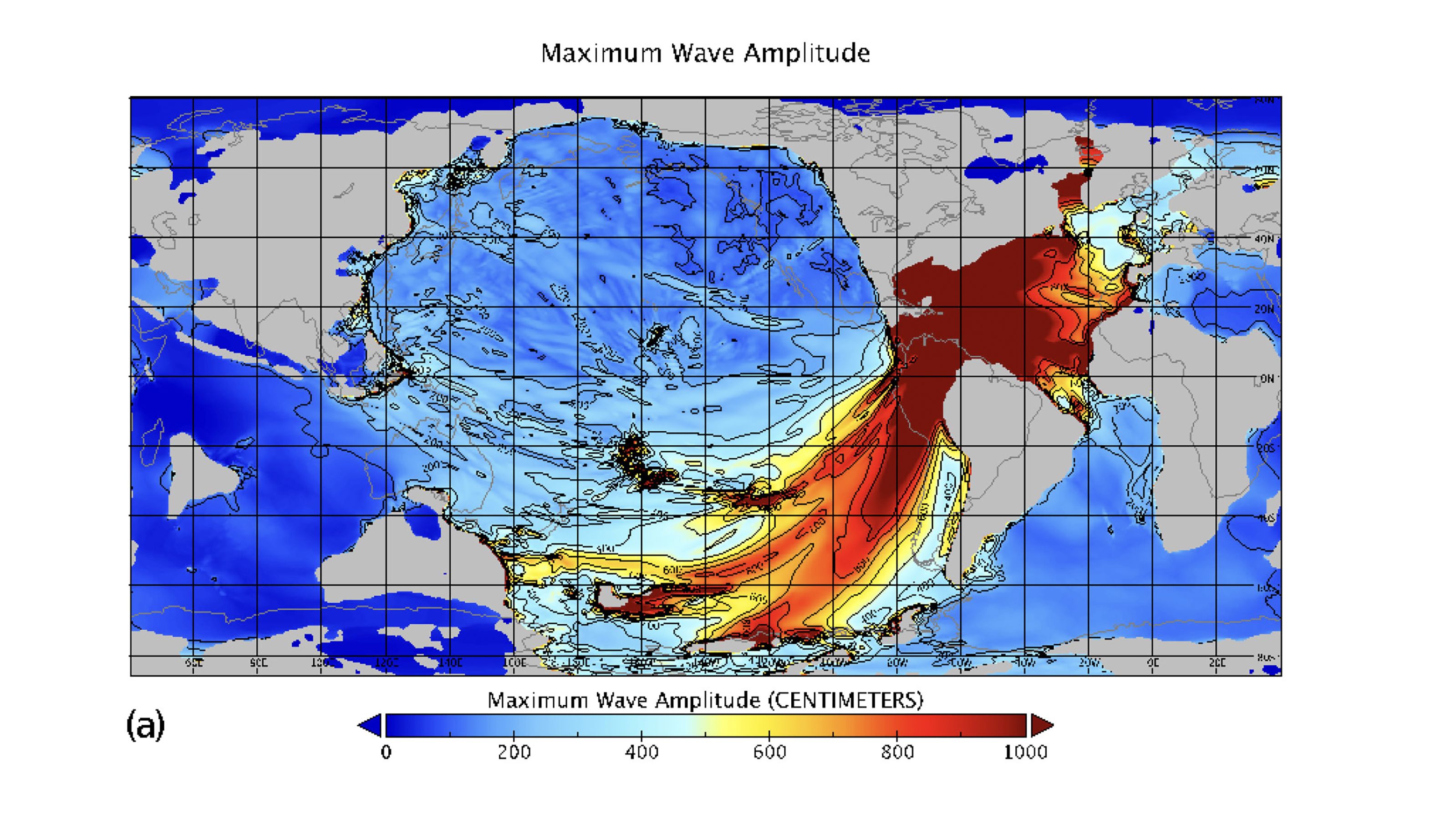 This model shows the maximum tsunami wave amplitude following the asteroid impact 66 million years ago. 