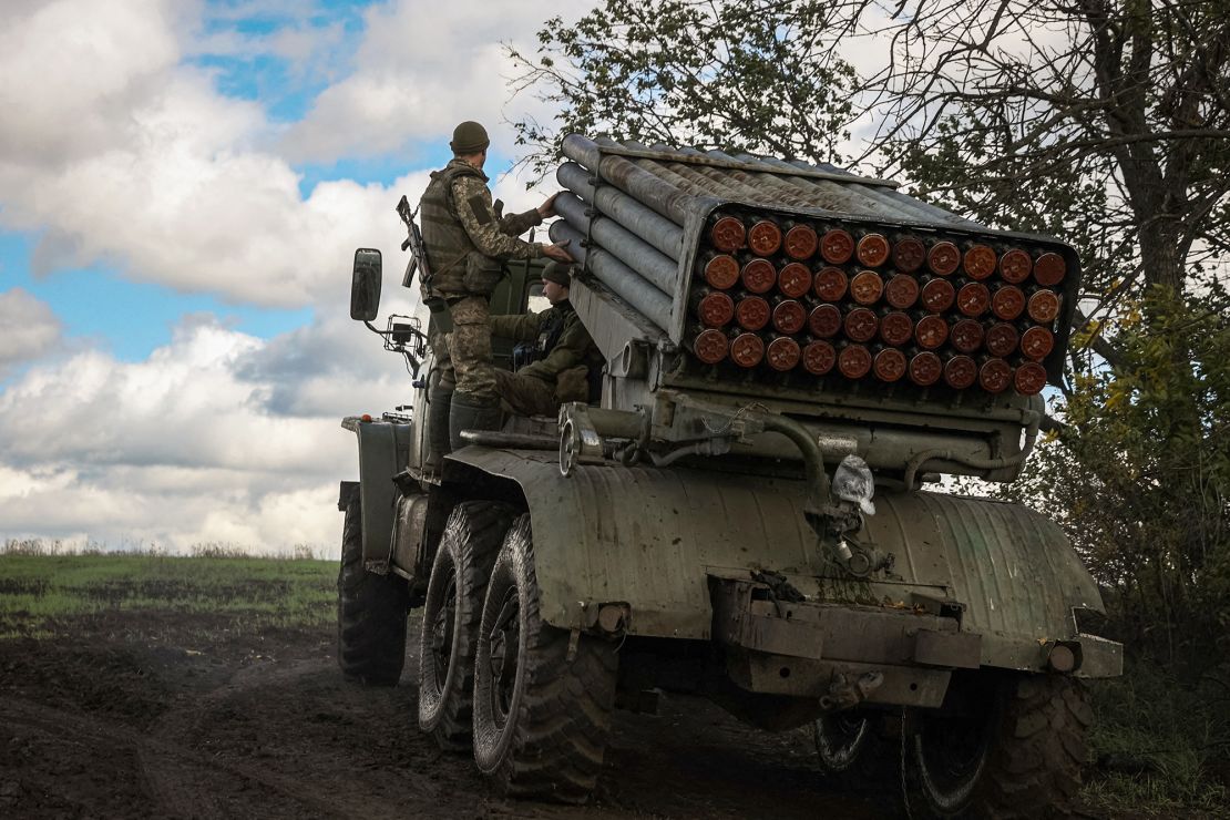 A rocket launcher is seen at a position along the front line in Donetsk region on Monday.
