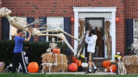 A Maryland family breaks out their Home Depot skeleton, Herman, in 2020. 