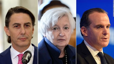 De izquierda a derecha, Amos Hochstein, Janet Yellen y Brett McGurk