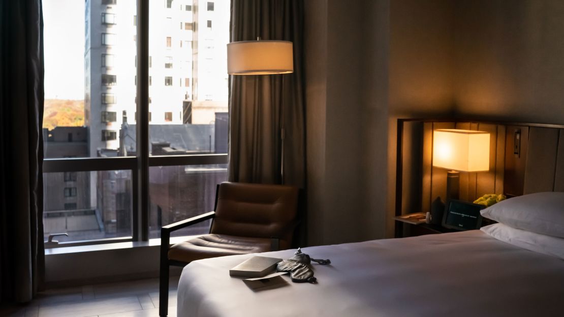 The Sleep Suite at Park Hyatt New York features a king-size Bryte Restorative Bed and sleep-enhancing products such as essential oil diffusers, Nollapelli bedding, and sleep masks.