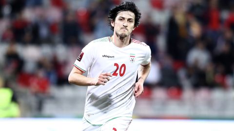 Sardar Azmoun is a key player for Iran.  He is pictured after scoring in a World Cup qualifier against Syria at King Abdullah International Stadium on November 16, 2021 in Jeddah, Saudi Arabia.