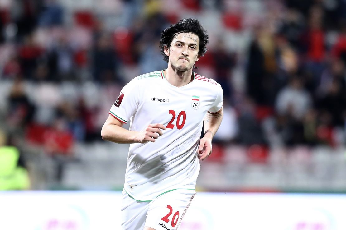 Sardar Azmoun is a key player for Iran. He is pictured after scoring in a World Cup qualifier match against Syria in the King Abdullah International Stadium on November 16, 2021 in Jeddah, Saudi Arabia.