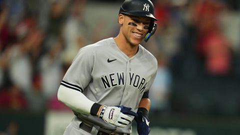 Judge runs the bases in Arlington, Texas, after hitting his 62nd home run of the season.