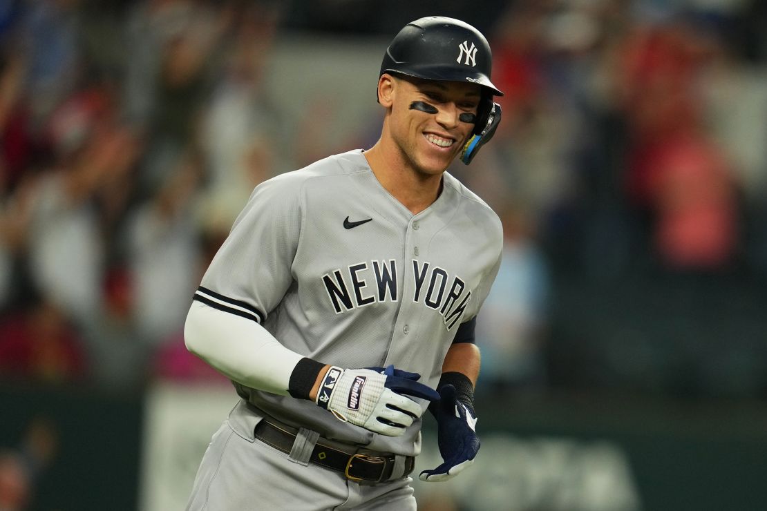 Judge runs the bases in Arlington, Texas, after hitting his 62nd home run of the season. 