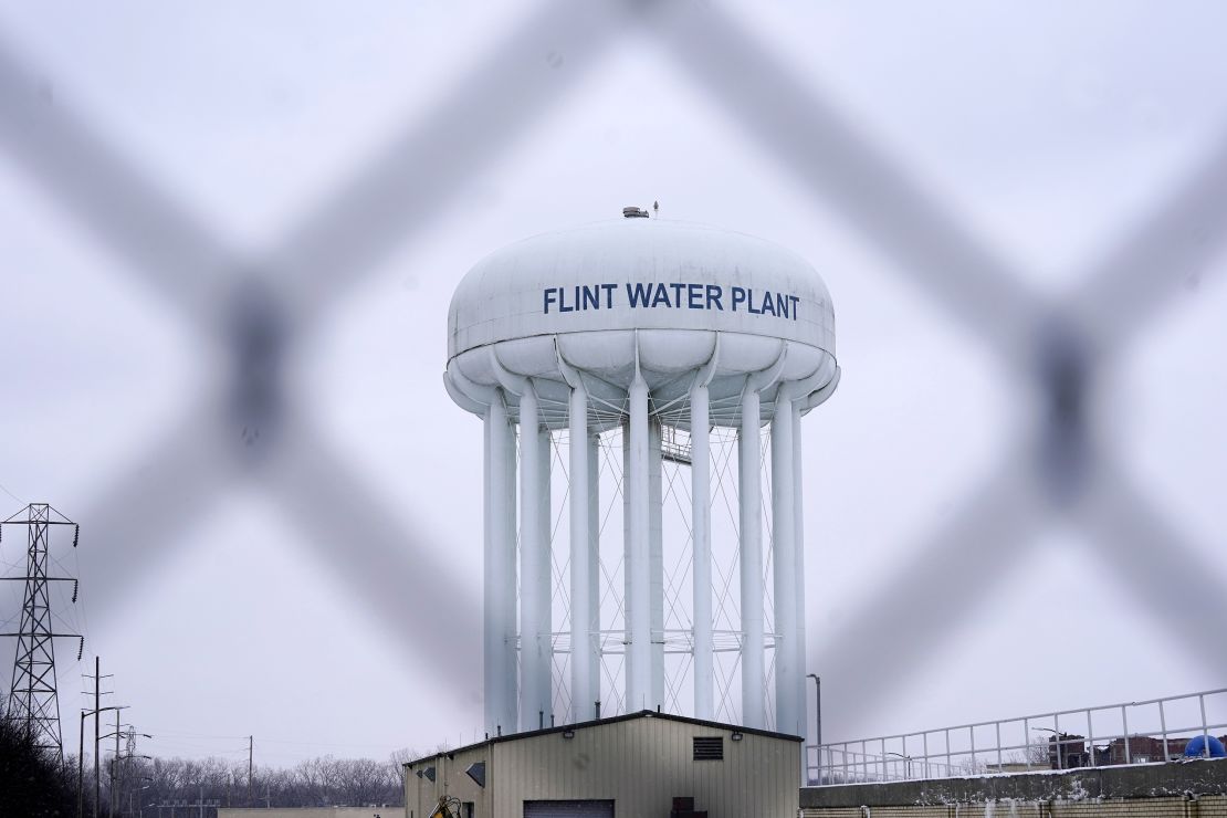 The Flint water plant tower is seen on January 6.