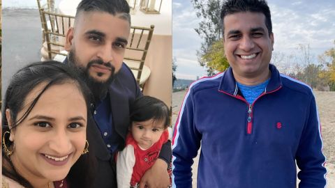 Jasleen Kaur, left, and Jasdeep Singh, center, hold 8-month-old Aroohi.  Amandeep Singh is seen on right. They family were found dead Wednesday in Merced County, California.