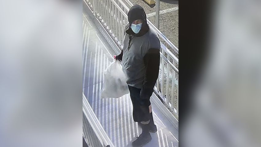 This undated image released by Merced County Sheriff's Office shows a person of interest, where the person is similar in appearance to the surveillance photo from the original kidnapping scene where four members of a family, including an 8-month-old child, were taken against their will at gunpoint from a business in the city of Merced, Calif., on Monday, Oct. 3, 2022. (Merced County Sheriff's Office via AP)