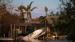 A displaced boat in the wake of Hurricane Ian on October 1, 2022 on Sanibel Island, Florida. 
