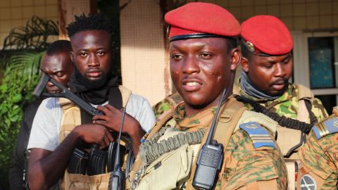 Burkina Faso's new military leader Ibrahim Traore is escorted by soldiers in Ouagadougou, Burkina Faso, October 2, 2022.
