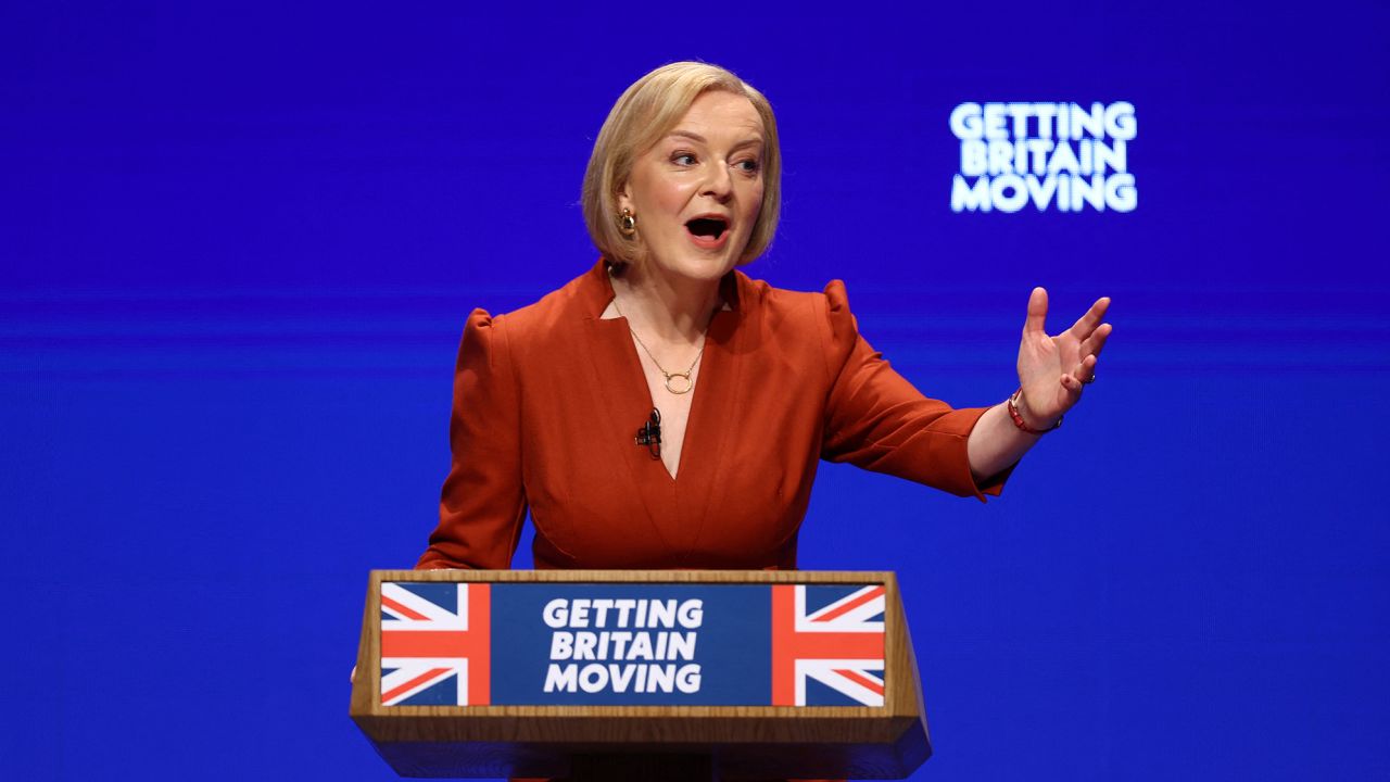 British Prime Minister Liz Truss speaks at Britain's Conservative Party's annual conference in Birmingham.