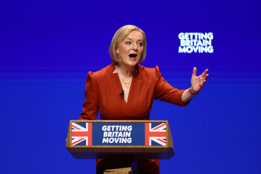 British Prime Minister Liz Truss speaks at Britain's Conservative Party's annual conference in Birmingham.