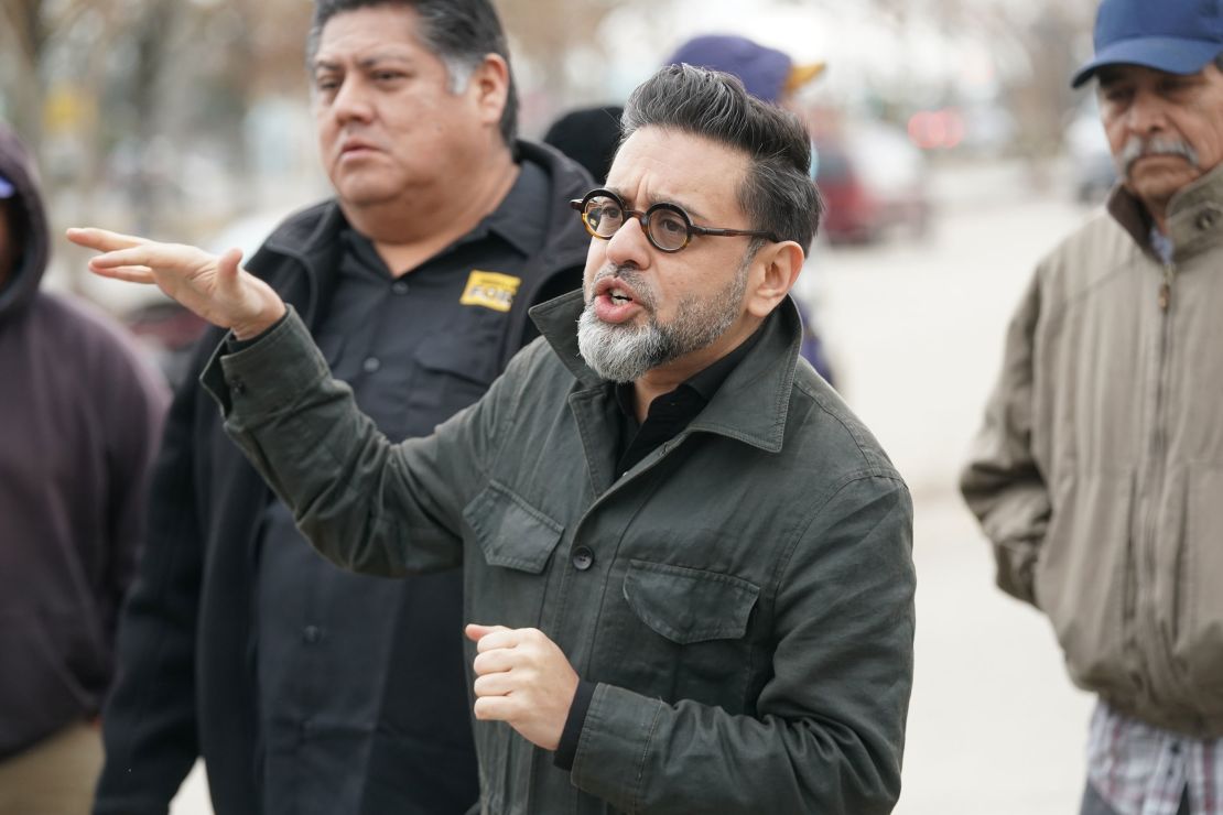 Saket Soni, executive director of Resilience Force, speaks with workers in LaPlace, Louisiana, in February. Teams from the organization have been working in Florida since shortly after Hurricane Ian hit. 