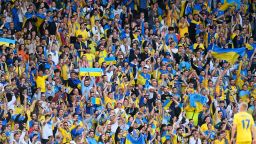 The Ukrainian crowd during the FIFA World Cup 2022 Qualifier play-off semi-final match at Hampden Park, Glasgow. Picture date: Wednesday June 1, 2022. (Photo by Malcolm Mackenzie/PA Images via Getty Images)