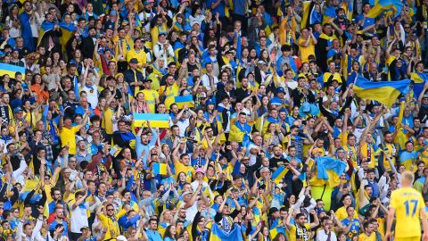 The Ukrainian crowd during the FIFA World Cup 2022 Qualifier playoff semifinal match at Hampden Park, Glasgow, on June 1.