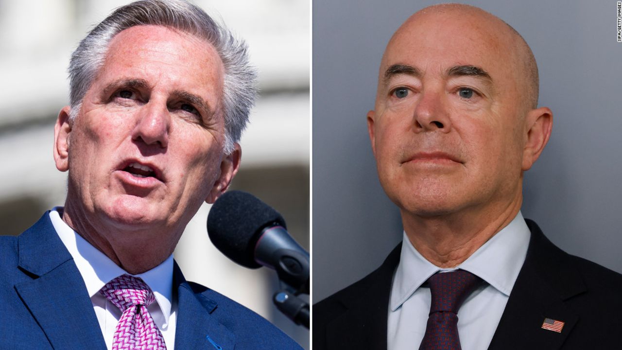 At left, Rep. Kevin McCarthy, a California Republican and House Minority leader. At right, Alejandro Mayorkas, the secretary of the Department of Homeland Security. 