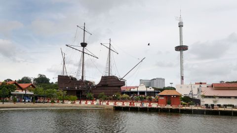 A replica of the Flor de la Mar stands in front of the Maritime Museum in Malacca, Malaysia. 