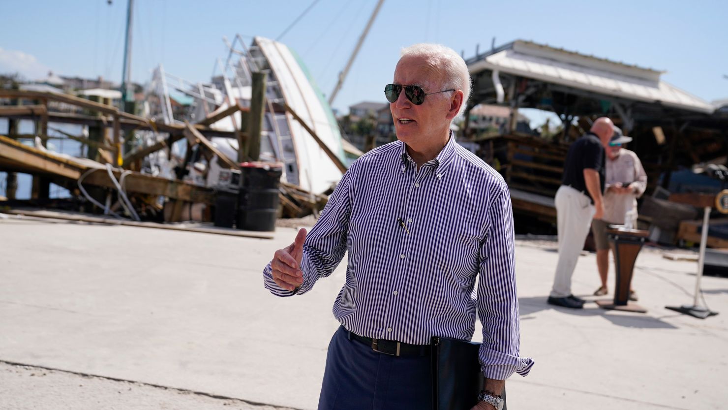 President Joe Biden speaks as he tours an area impacted by Hurricane Ian on October. 5, 2022, in Fort Myers Beach, Florida.