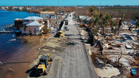 In this aerial view, construction crews work to make temporary repairs to a bridge on the island of Matlacha Wednesday.