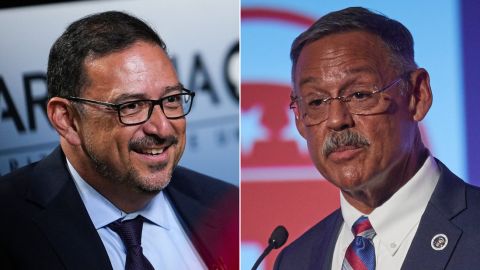 Democrat Adrian Fontes, left, and Republican Mark Finchem are running for  secretary of state in Arizona. 