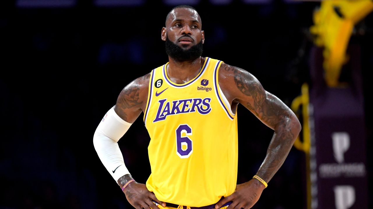 LeBron James #6 of the Los Angeles Lakers looks on during a break in the action during the first half with Sacramento Kings at Crypto.com Arena on October 3, 2022 in Los Angeles, California.