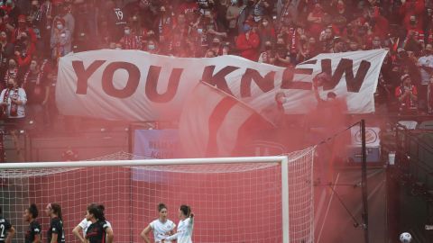  Allegations of abuse have ilicited an angry reactions from fans. Pictured is a sign reading "You Knew" is displayed during a game between Chicago Red Stars and Portland Thorns FC at Providence Park on November 14, 2021.