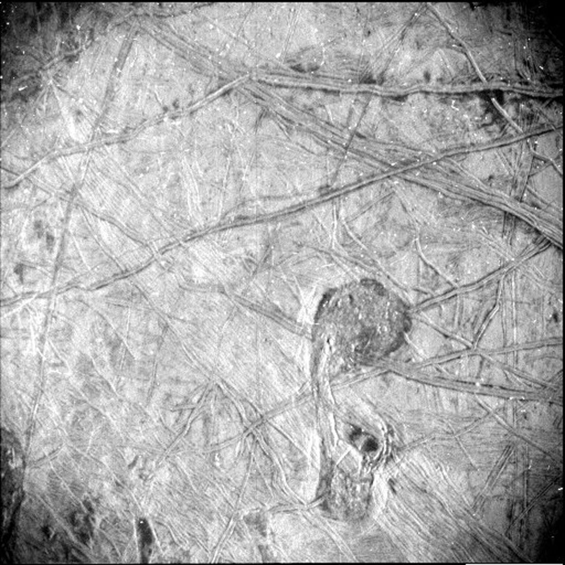 Europa's icy crust and its intriguing features appear in an image taken by Juno's star camera.