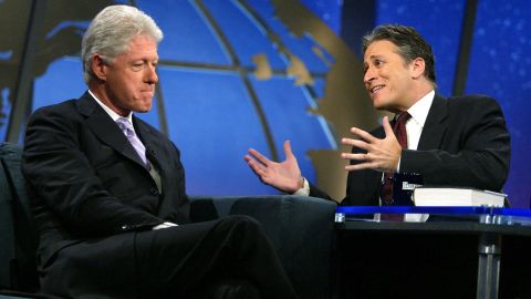 Former US President Bill Clinton speaks with host Jon Stewart on Comedy Centrals "The Daily Show" August 9, 2004 in New York City. 