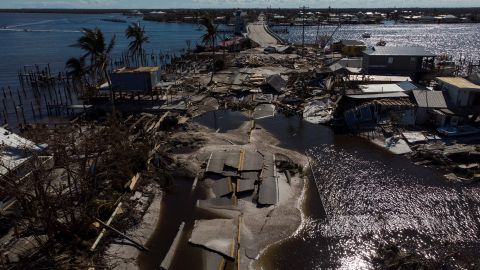 A view of the destroyed road between Florida's Matlacha and Pine Island after Hurricane Ian.