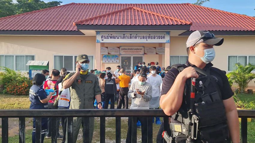 Editorial use only. HANDOUT /NO SALES
Mandatory Credit: Photo by RUAMKATANYU FOUNDATION/HANDOUT/EPA-EFE/Shutterstock (13442997b)
A handout photo made available by Ruamkatanyu Foundation shows an armed police officer standing guard as relatives of the victims of a mass shooting gather at a childcare center in Nong Bua Lamphu province, northeastern Thailand, 06 October 2022. According to Deputy National Police Chief Pol Lt Gen Torsak Sukvimol, at least 35 people, mostly children, were killed when a former policeman carried out a mass shooting at a children care center before killing himself, his wife and their child.
At least 35 killed in mass shooting at Thailand children care center, Nong Bua Lamphu - 06 Oct 2022