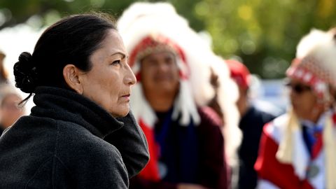 Secretary of the Interior Deb Haaland, who is a member of the Pueblo of Laguna tribe and the first Native American to serve as a cabinet secretary, listens during a gathering at the Sand Creek Massacre National Historic site on Wednesday at the Sand Creek Massacre National Historic Site near Eads, Colo. 