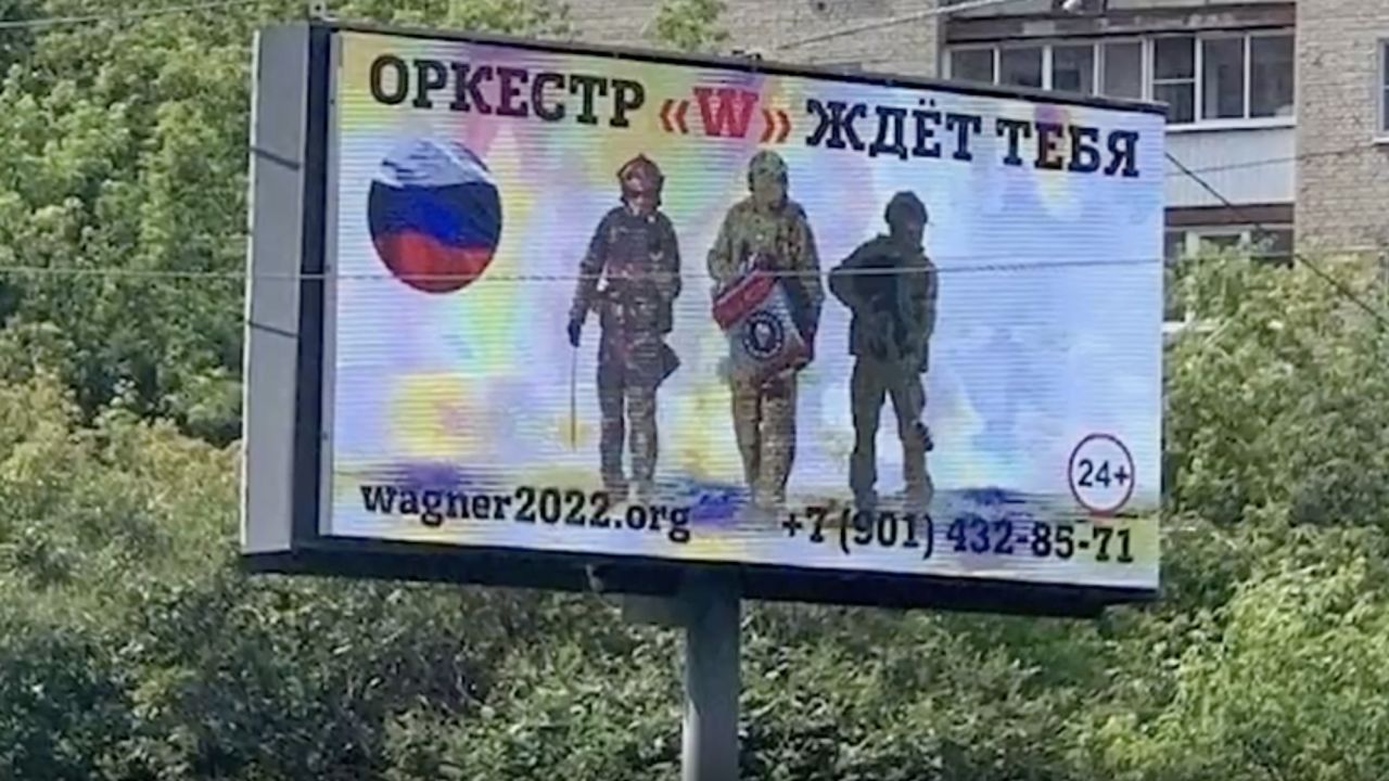A Wagner recruitment billboard in Russia, part of the group's recent public recruitment.