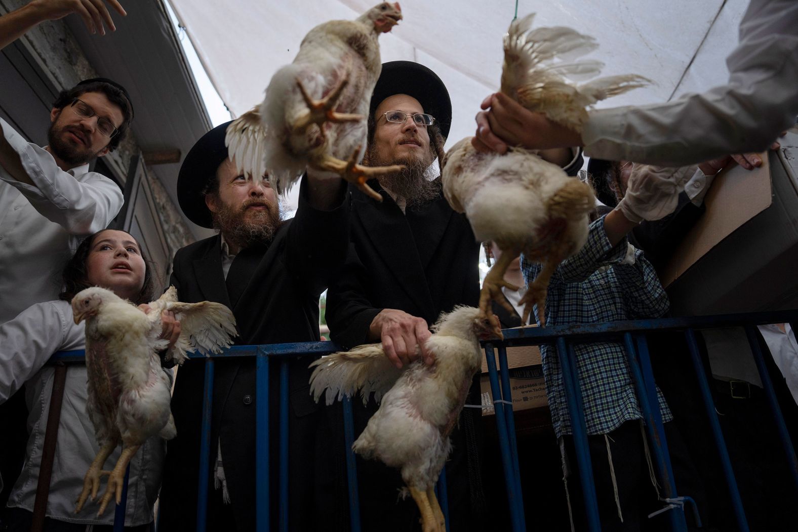 Ultra-Orthodox Jewish men buy chickens to perform the Kaparot ritual in Bnei Brak, near Tel Aviv, Israel, on Monday, October 3. They believe the ritual transfers one's sins from the past year into the chicken. It is performed before the Day of Atonement — Yom Kippur — the holiest day in the Jewish year which started at sundown Tuesday.