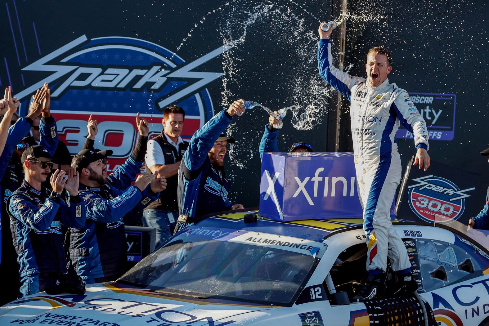 Driver AJ Allmendinger celebrates in Victory Lane after winning the NASCAR Xfinity Series race in Talladega, Alabama, on Saturday, October 1.