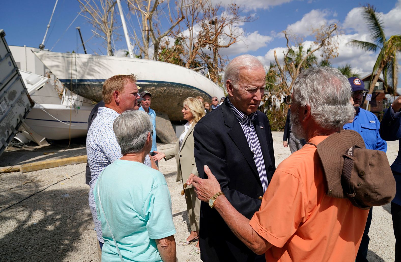 US President Joe Biden talks to people impacted by Hurricane Ian in Fort Myers Beach, Florida, as he <a href="https://www.cnn.com/2022/10/05/politics/joe-biden-ron-desantis-hurricane-ian" target="_blank">tours the area</a> on Wednesday, October 5.