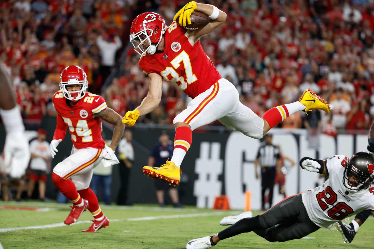 Kansas City Chiefs tight end Travis Kelce runs the ball in for a touchdown against the Tampa Bay Buccaneers on Sunday, October 2. The Chiefs won 41-31.