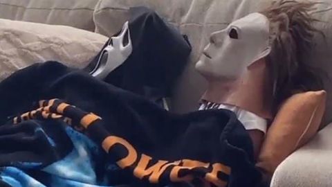 Dominic and Aubriella wear masks from two of their favorite franchises, 