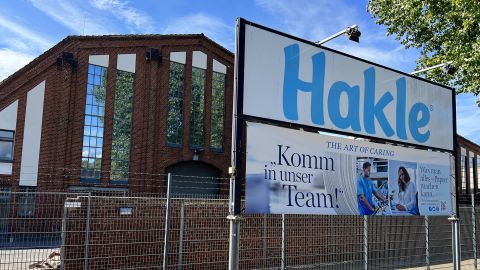 The headquarters of toilet paper maker Hackl in Düsseldorf, Germany. The company filed for bankruptcy.
