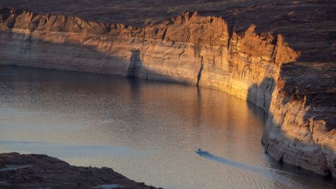White "bathtub" rings showing how far the water level has dropped line the perimeter of Lake Powell on September 2.