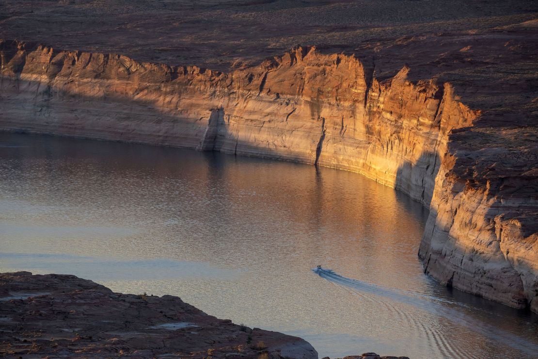 White "bathtub" rings showing how far the water level has dropped line the perimeter of Lake Powell on September 2.