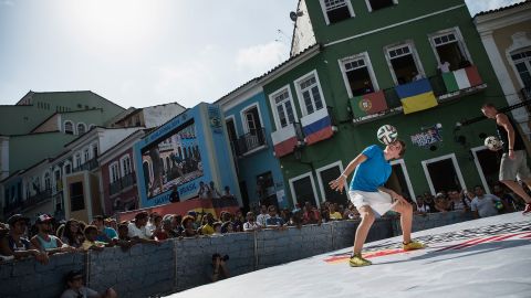 Fagerli competes in Pelourinho Square during qualifiers for the 2014 Red Bull Street Style World Final.