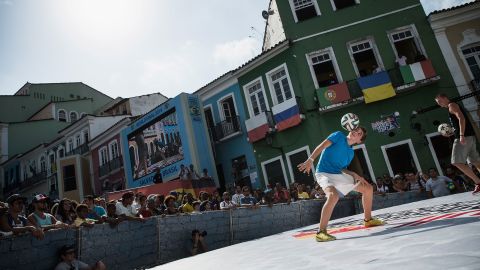 Fagerli competes on the Pelourinho square during the qualification for the Red Bull Street Style world final 2014.