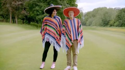 "The Great British Bake Off" hosts Noel Fielding and Matt Lucas are seen successful  the opening   of the "Mexican Week" occurrence  wearing sombreros and serapes. 