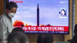 A television screen at Seoul Station shows on Oct. 6, 2022, news that North Korea fired two ballistic missiles earlier in the day from near Pyongyang toward the Sea of Japan. (Photo by Kyodo News/Sipa USA)
