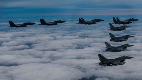 South Korean and US fighter jets fly over the Korean Peninsula in response to North Korea's missile launch on October 4 at an undisclosed location. , 2022 at an undisclosed location.