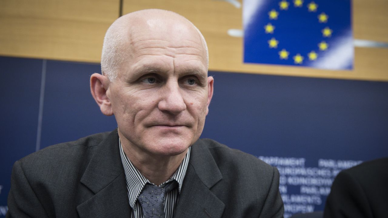 Ales Bialiatski speaking at the European Parliament headquarters in Strasbourg in 2014.
