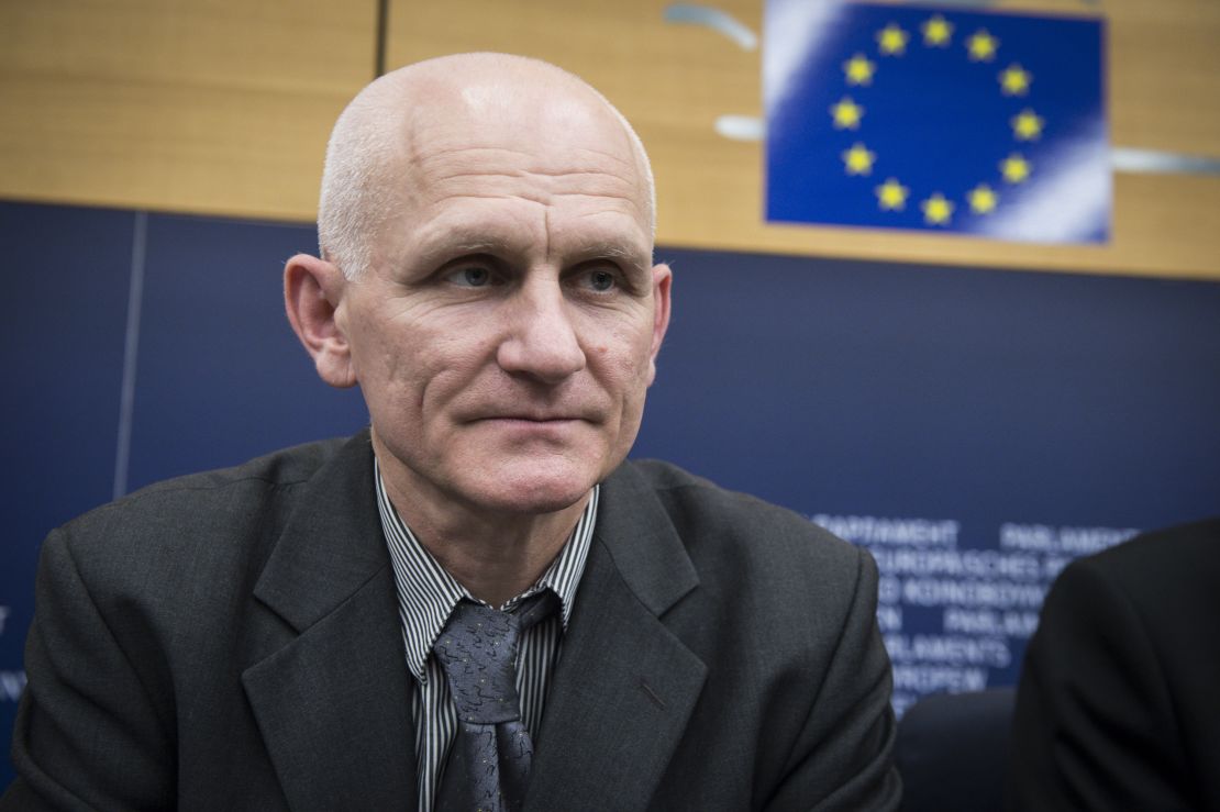 Ales Bialiatski speaking at the European Parliament headquarters in Strasbourg in 2014.