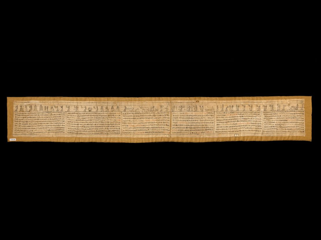 This linen mummy bandage, on loan from the Louvre, Paris, was a souvenir from an early mummy unwrapping event in the 1600s. Attendees would not have known what the hieroglyphics meant. 