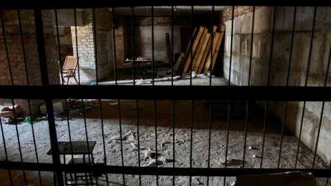 An interior view shows a basement of a building that was a Russian makeshift prison and torture chamber, according to Ukrainian authorities, September 18, 2022 in Kharkiv region, Ukraine. 